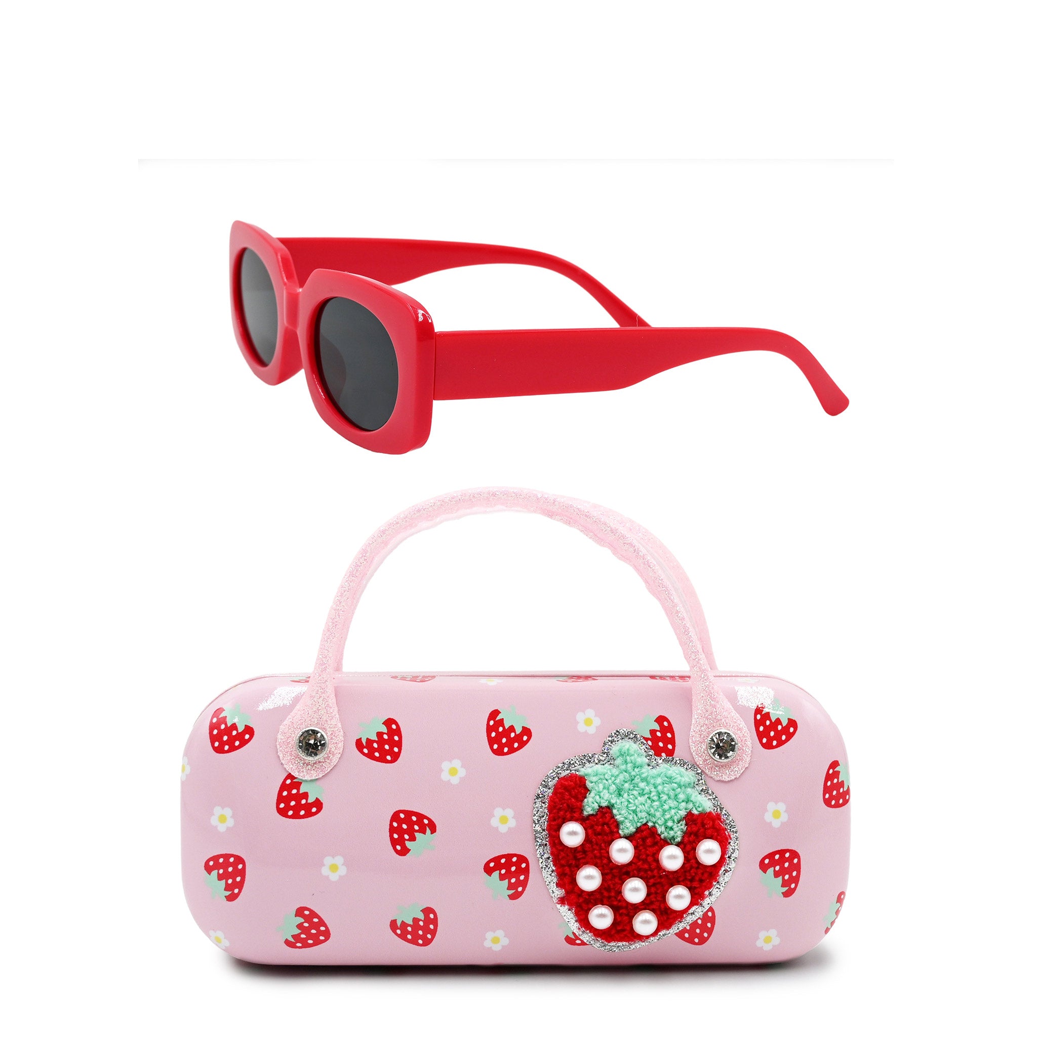 Pink sunglasses case with strawberry design and red sunglasses on a white background