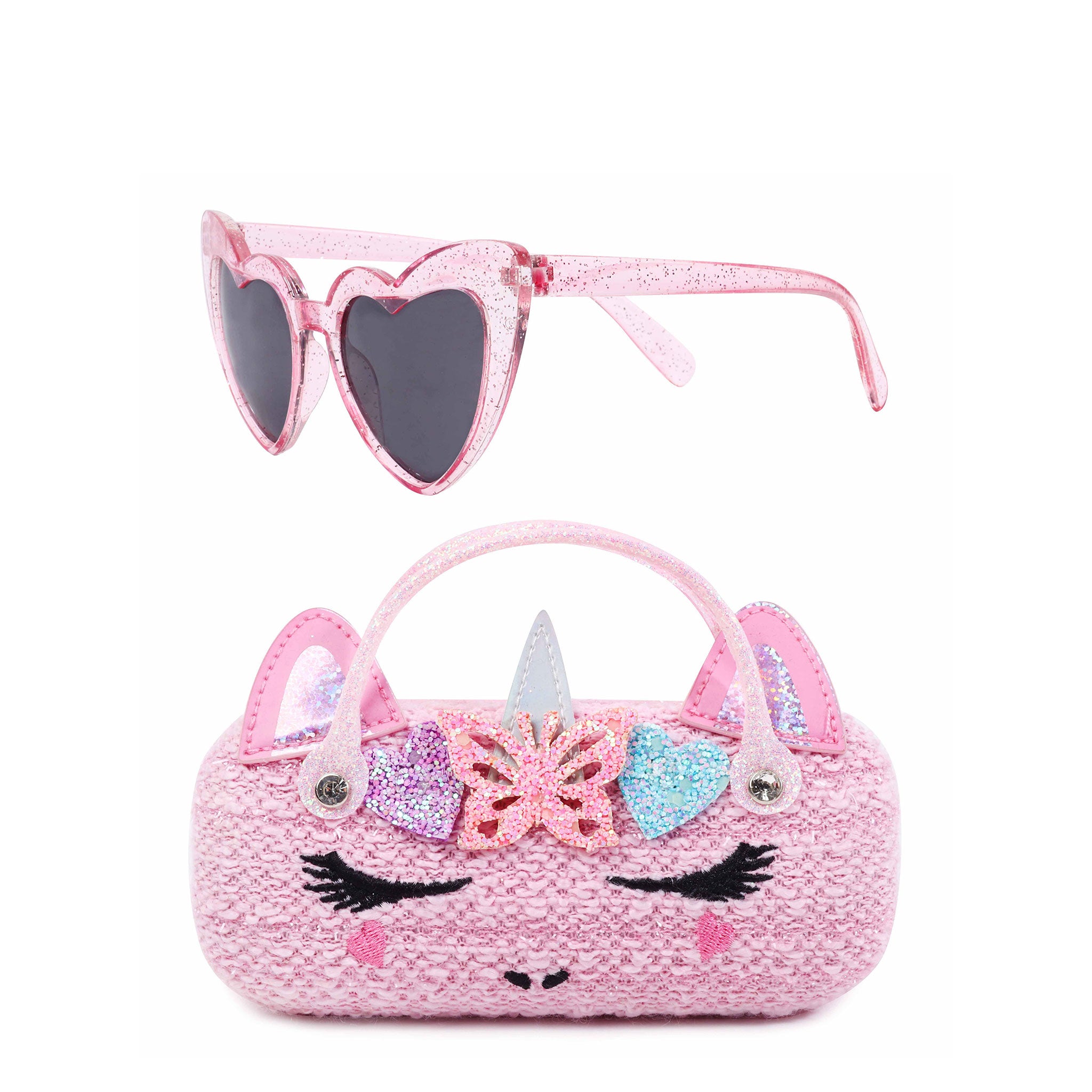 front view of a pink tweed sunglass case with a glitter heart & butterfly crown appliqué along with a pair of glitter heart shaped sunglasses 