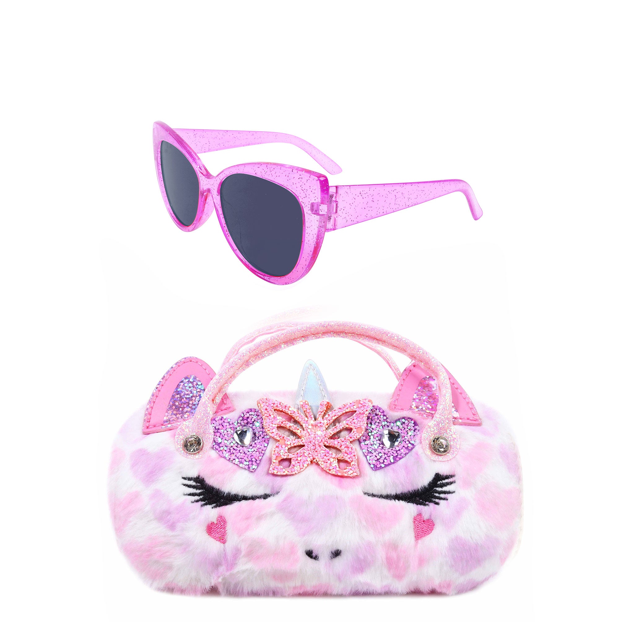 front view of a heart printed plush unicorn face sunglass case with pink glitter sunglasses