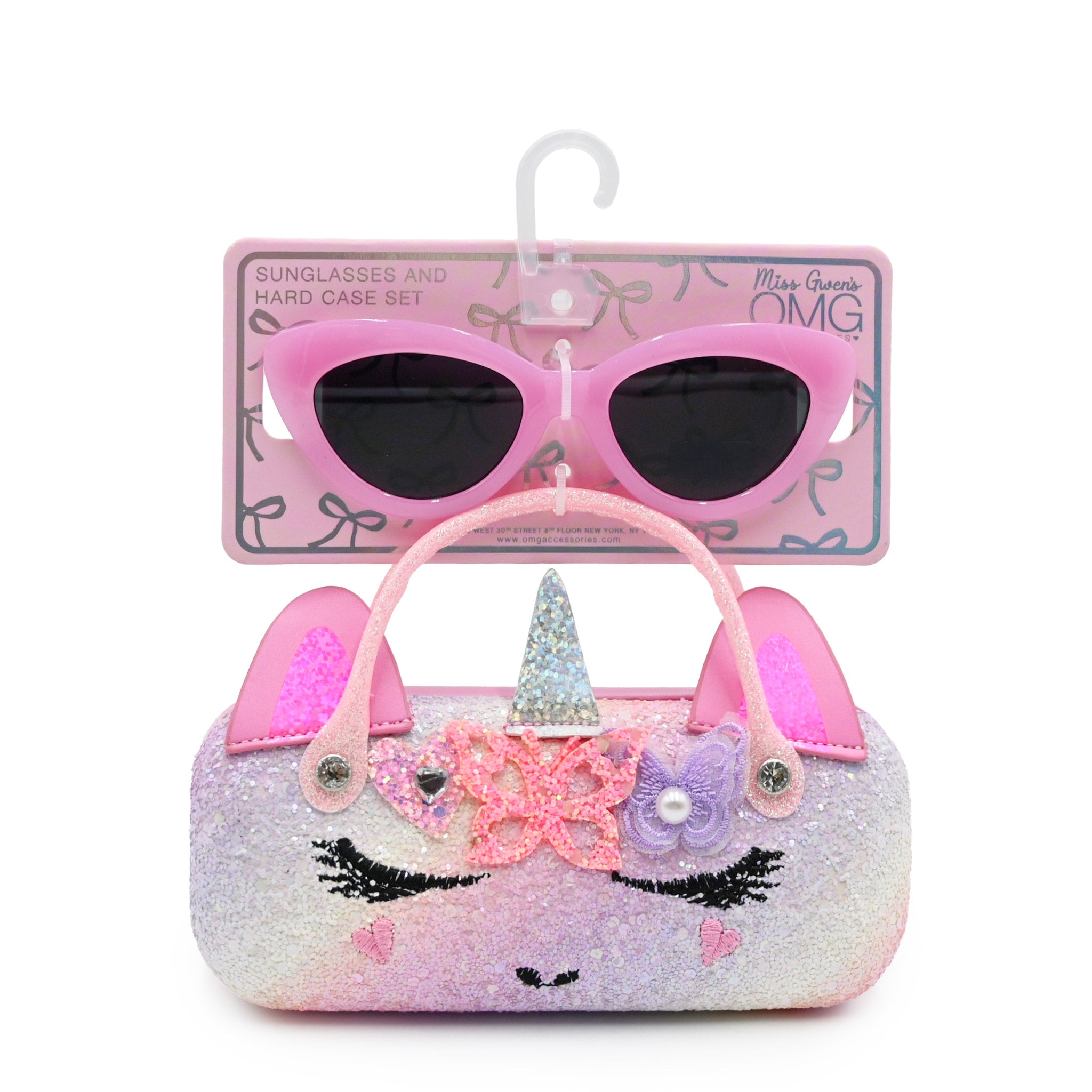 Front view of a glitter unicorn sunglass case with matching glasses