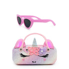 unicorn glitter sunglasses case with pink sunglasses on a white background