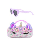 Unicorn floral printed sunglasses case with purple sunglasses on a white background