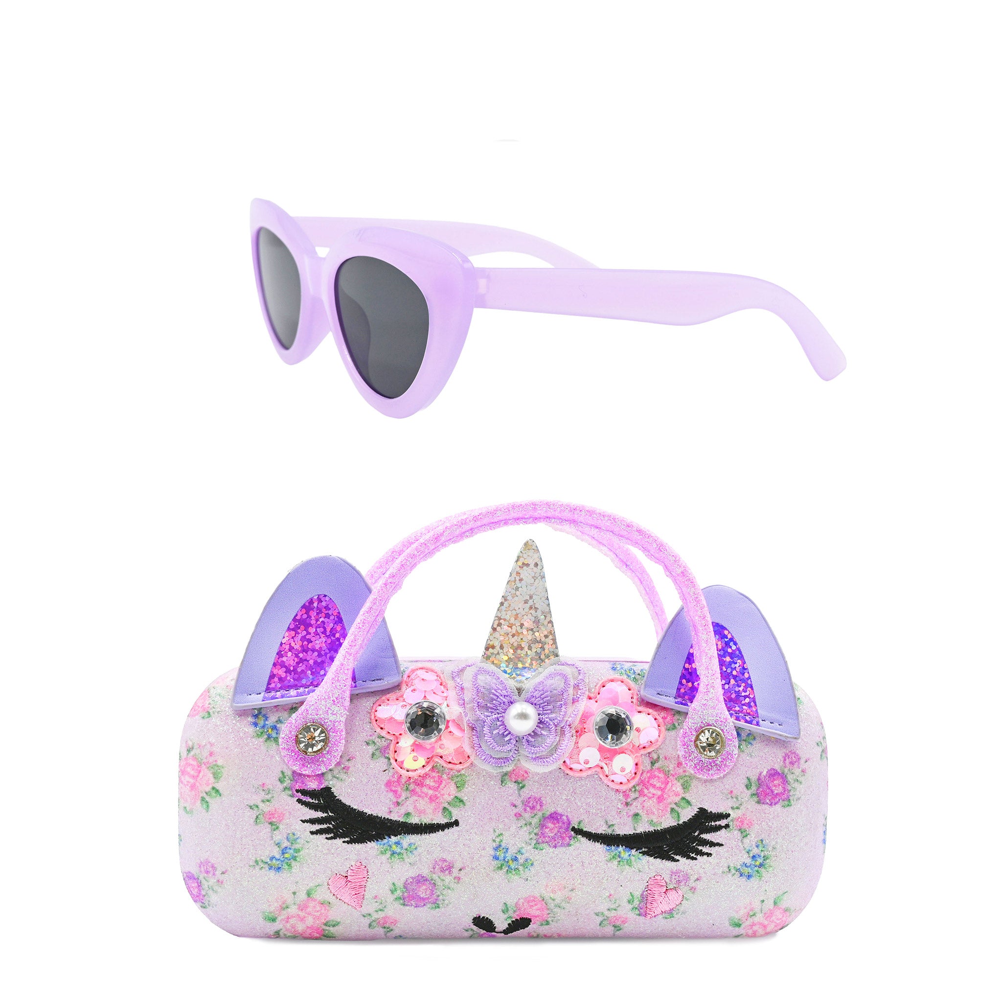 Unicorn floral printed sunglasses case with purple sunglasses on a white background