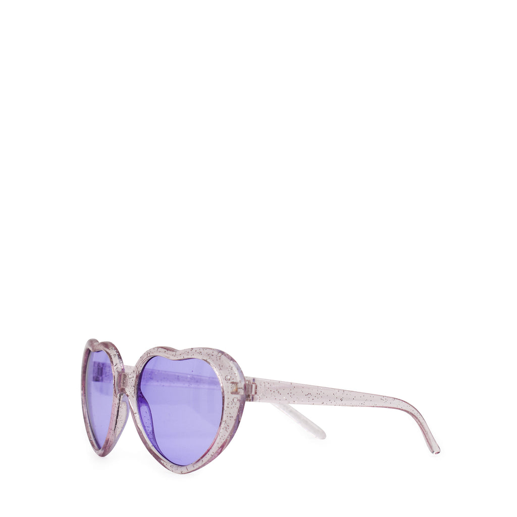 Side view of purple glitter heart shaped sunglasses