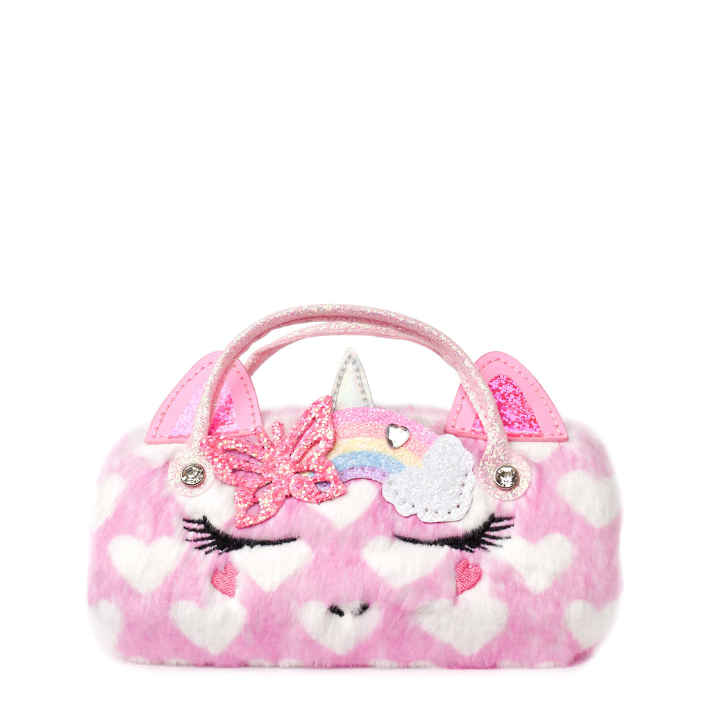Front view of a plush heart printed unicorn face sunglass case with a glitter butterfly and rainbow patch