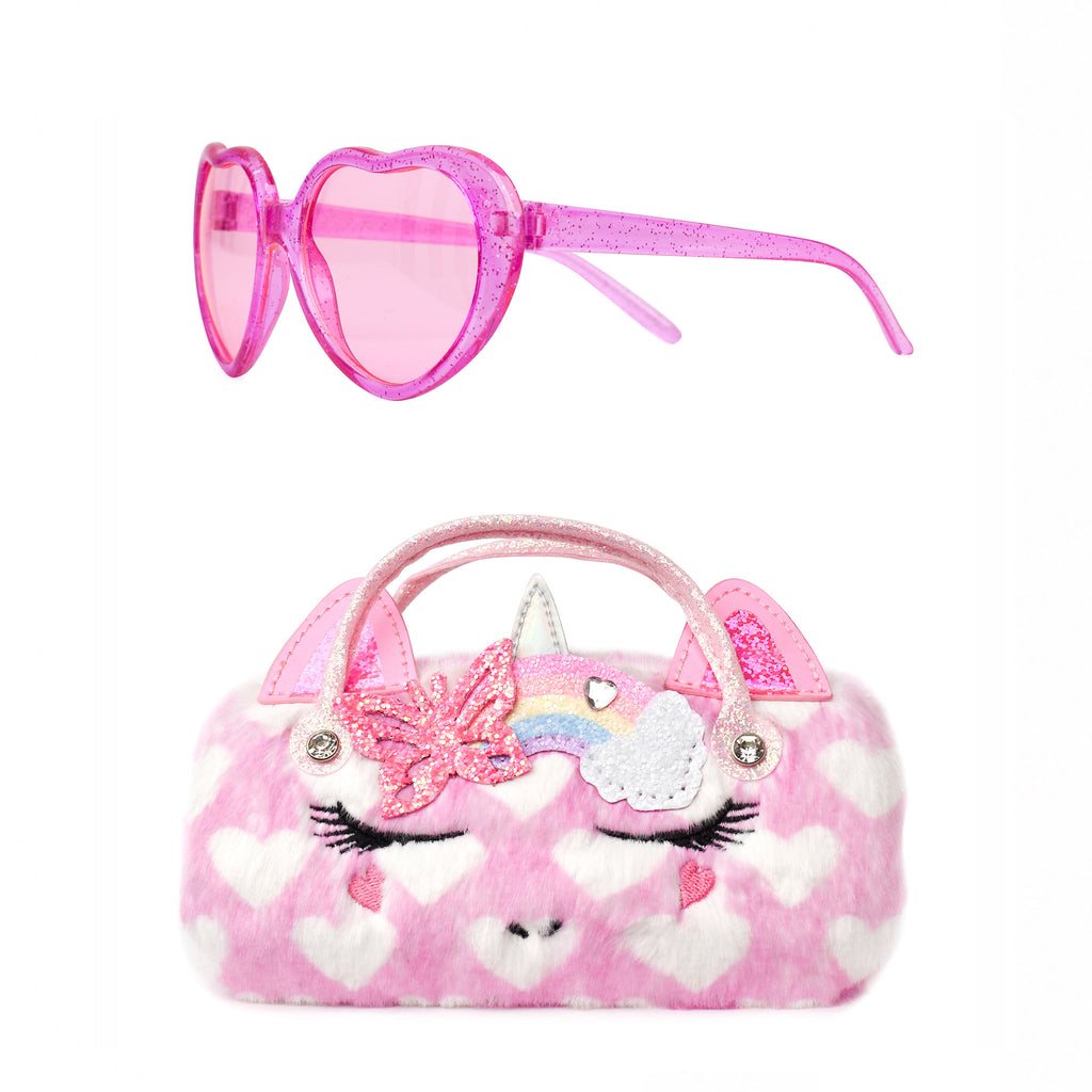 Front view of pink plush heart-printed unicorn sunglass case with butterfly rainbow crown patch and heart-shaped sunglasses set