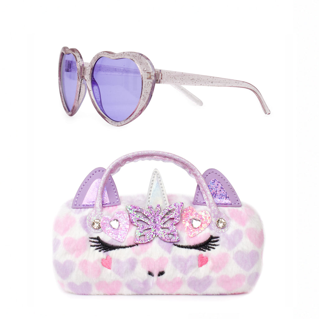Front view of pastel plush heart-printed unicorn sunglass case with butterfly heart crown patch and heart-shaped sunglasses set
