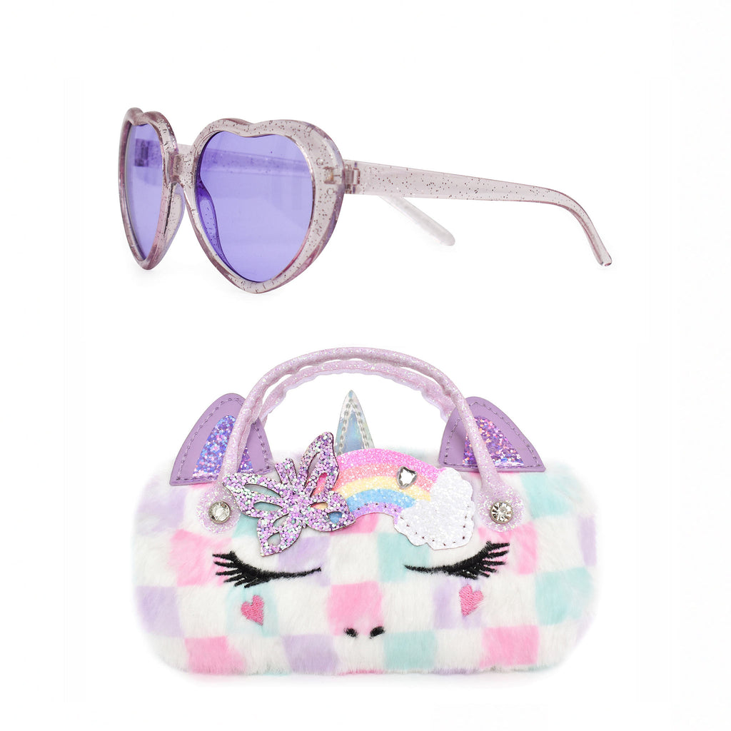 Front view of pastel plush checkerboard unicorn sunglass case with butterfly rainbow crown patch and heart-shaped sunglasses set