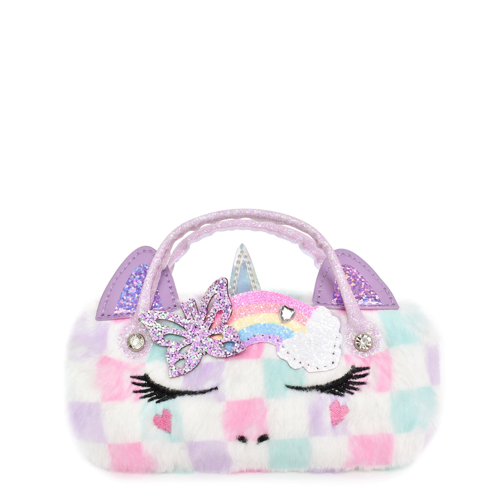 Front view of pastel plush checkerboard unicorn sunglass case with butterfly rainbow crown patch