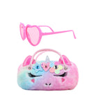 view of a plush unicorn face sunglass case with a glitter daisy & heart appliqué along with a pair of pink heart shaped sunglasses 