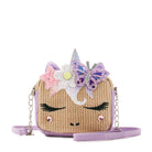 front view of a straw unicorn face  crossbody bag with a glitter butterfly and daisy crown appliqué 