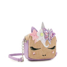 side view of a straw unicorn face  crossbody bag with a glitter butterfly and daisy crown appliqué 