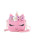 Front view of a pink straw unicorn crossbody bag with a glitter butterfly & flower crown 