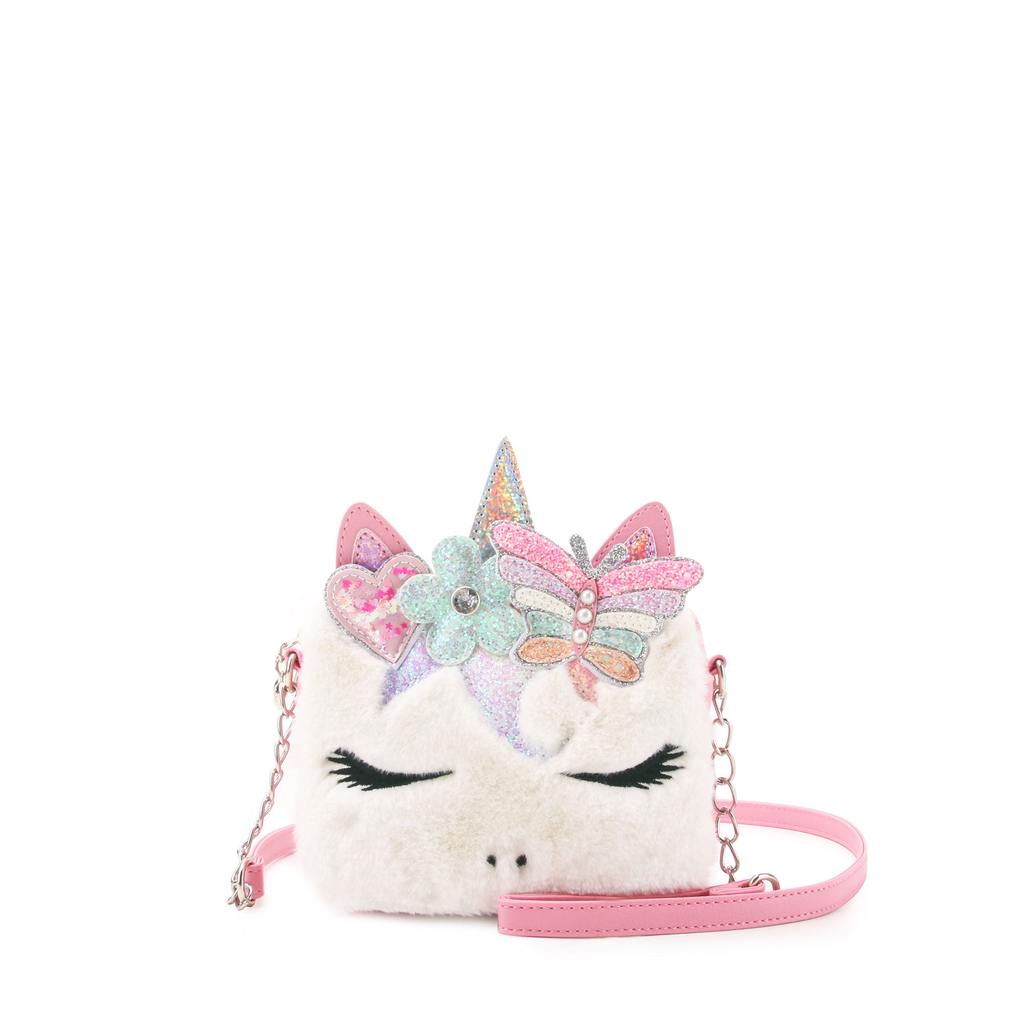 front facing view of a white faux fur unicorn mini bag with crossbody strap