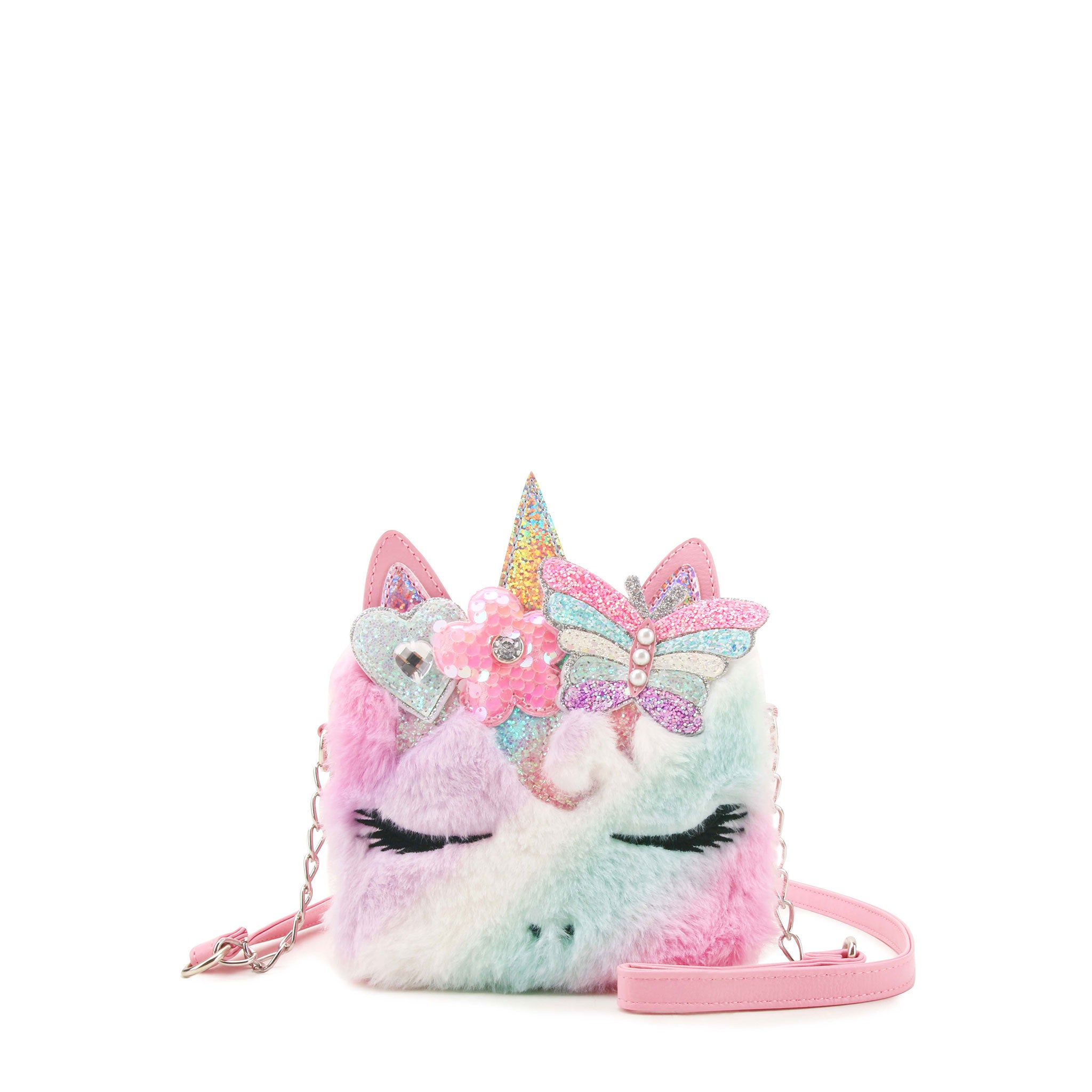 front facing view of an ombre faux fur unicorn mini bag with pink crossbody strap