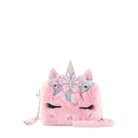 Pink plush unicorn bag with a glitter butterfly and heart crown