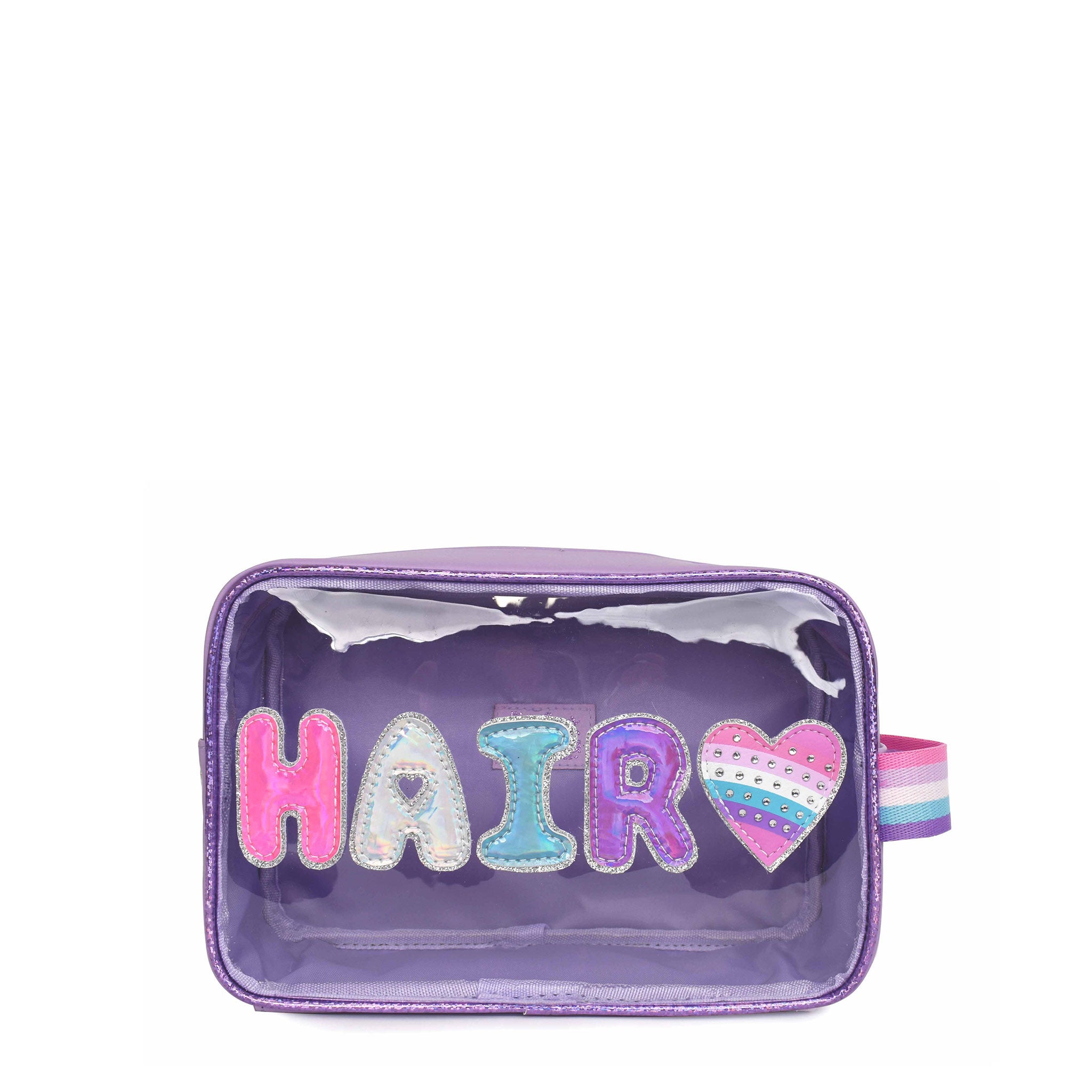 Front view of a purple clear pouch with metallic bubble letters 'HAIR' and rhinestone striped heart patch 