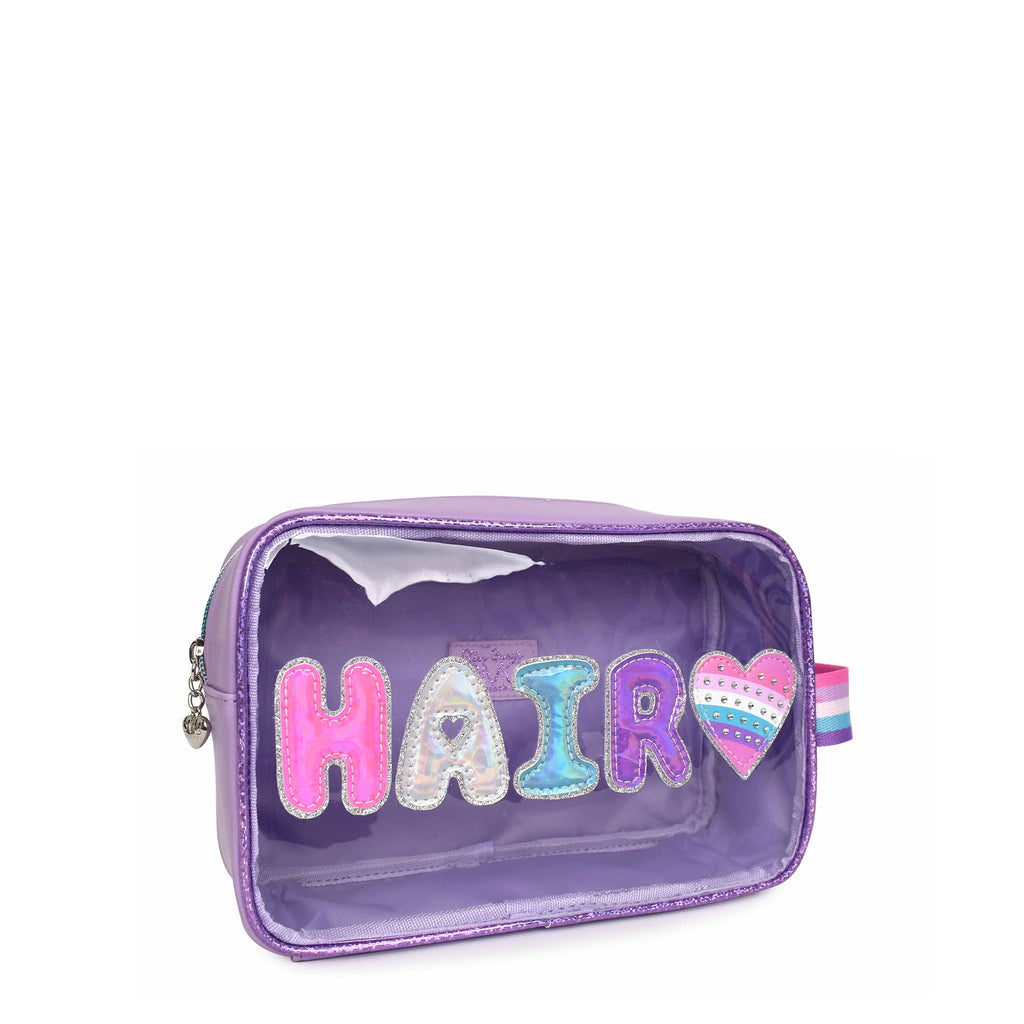 Side view of a purple clear pouch with metallic bubble letters 'HAIR' and rhinestone striped heart patch
