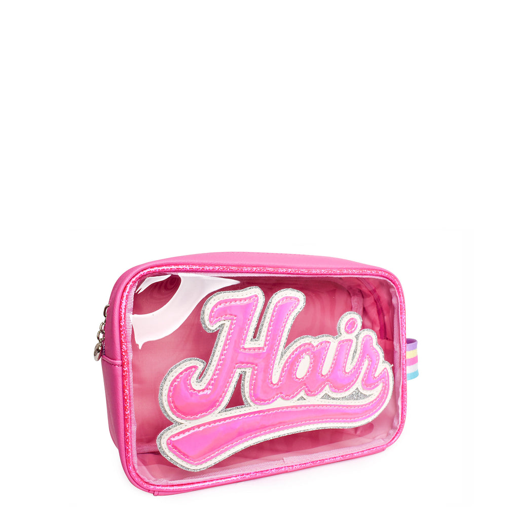 Side view of a pink clear pouch with pink metallic varsity scripted letters 'HAIR'