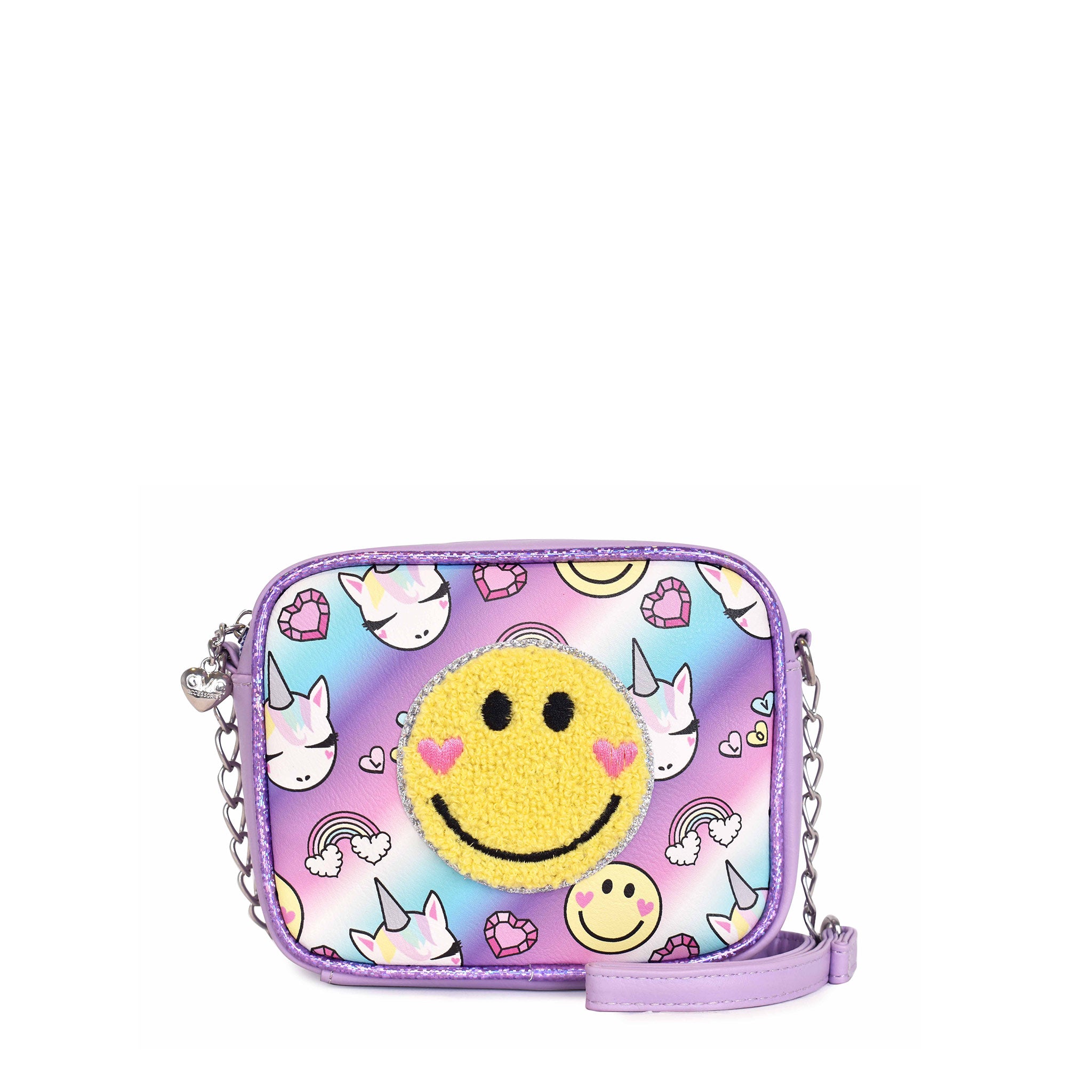 Front view of a unicorn and rainbow printed crossbody with a chenille happy face appliqué