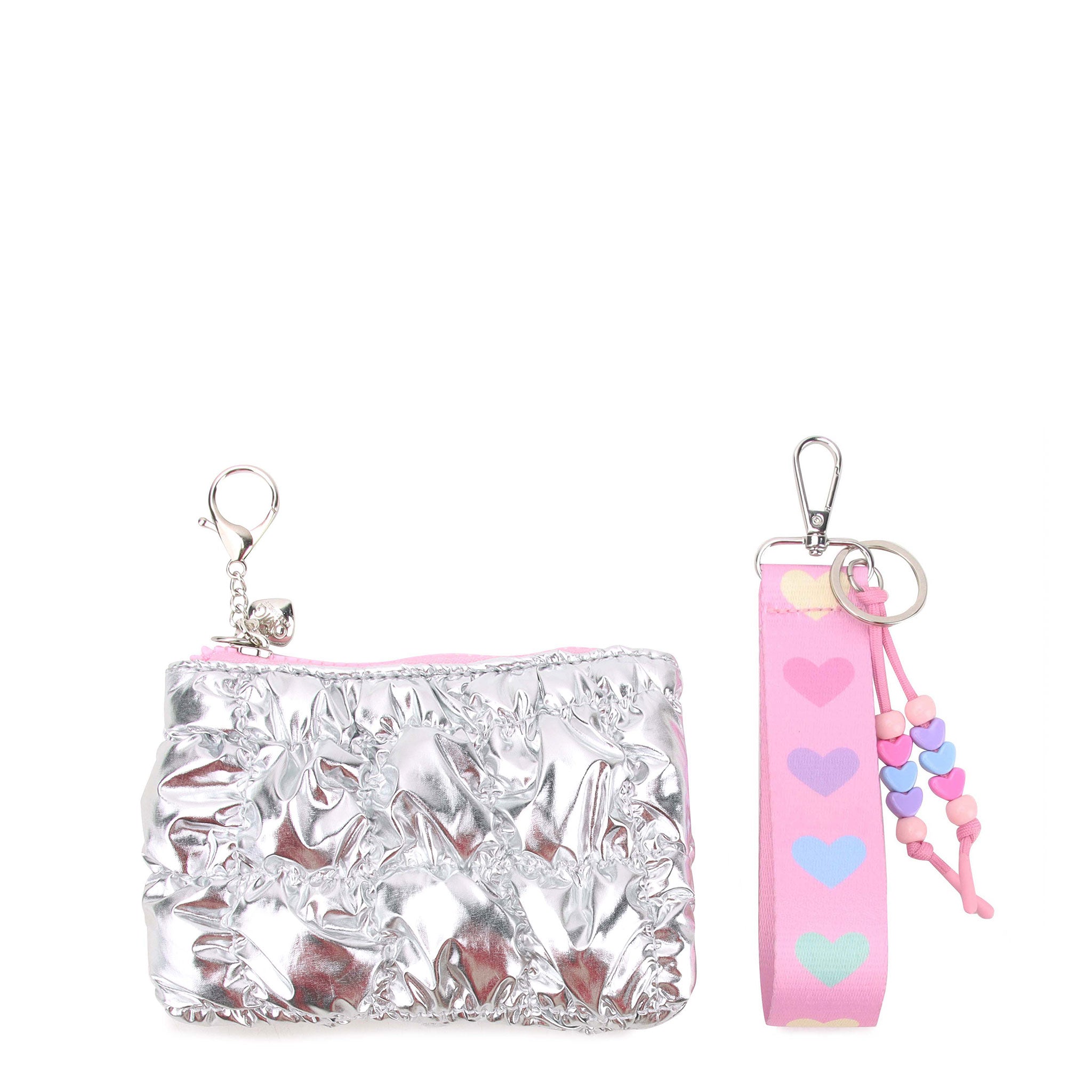 front view of a quilted silver metallic rectangular shaped keychain and a pink lanyard keychain with pastel hearts and beaded detailing.
