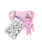 front view of a quilted silver metallic rectangular shaped keychain and a pink lanyard keychain with pastel hearts and beaded detailing attached to pink butterfly shaped cardboard.