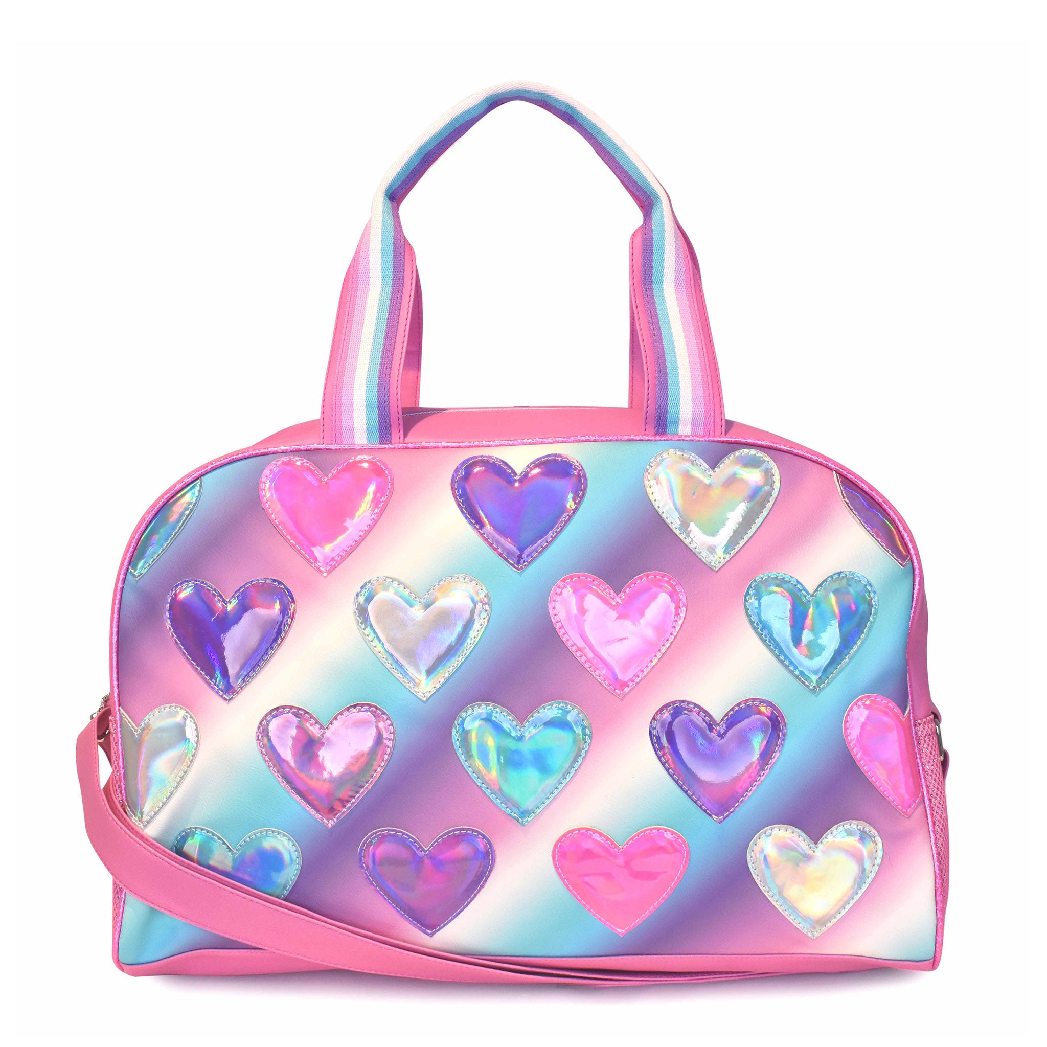 Front view of a pink, purple, and blue ombre large duffle bag with metallic heart patches