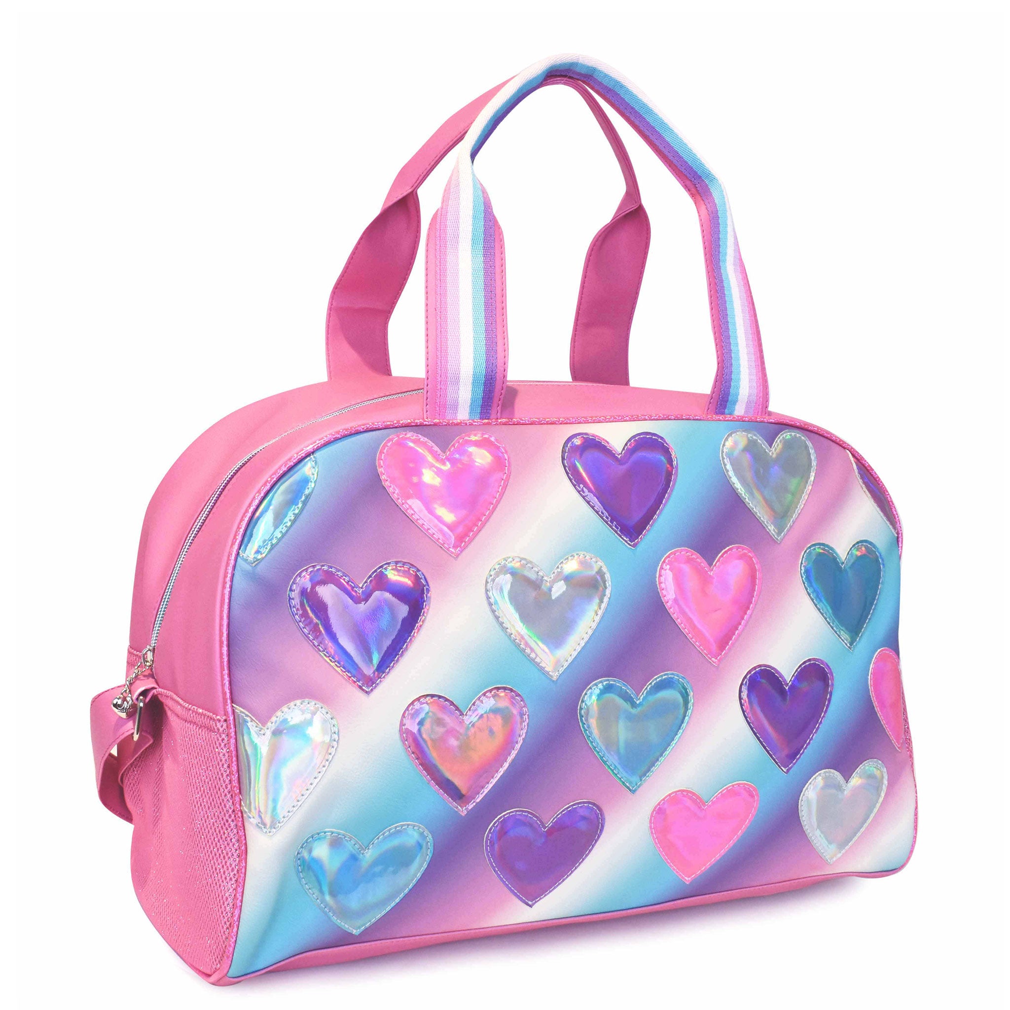 Side view of a pink, purple, and blue ombre large duffle bag with metallic heart patches