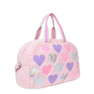 Side view of a pink, teddy sherpa medium duffle bag with chenille, sequin, and metallic heart patches.