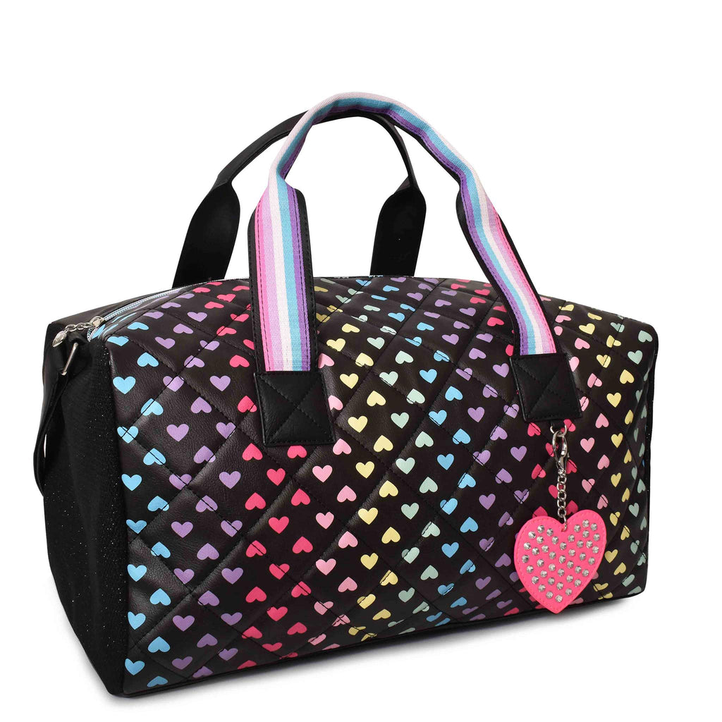 Side view of black multicolor heart-printed large duffle with rhinestone heart keychain