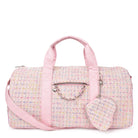 Front view of a pink tweed large duffle bag with a heart shaped keychain purse