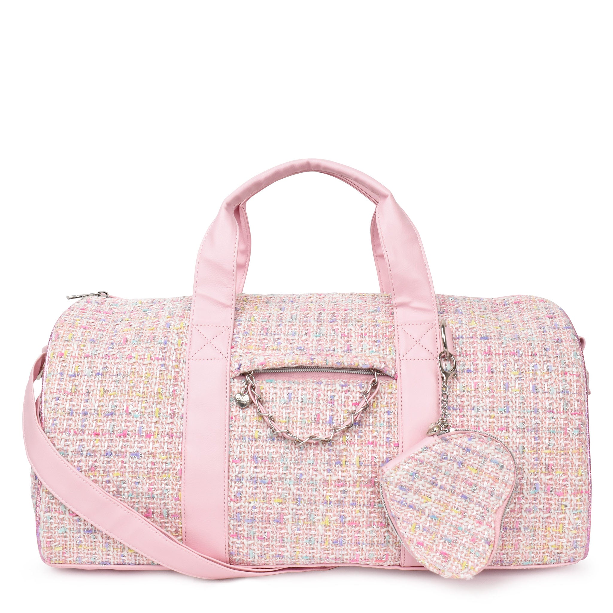 Front view of a pink tweed large duffle bag with a heart shaped keychain purse