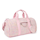 Side view of a pink tweed large duffle bag with a heart shaped keychain purse