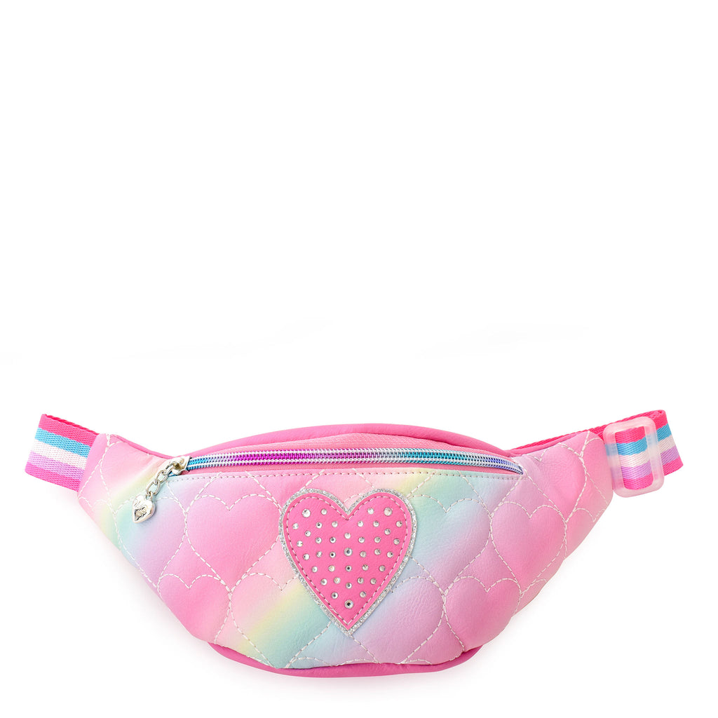 Front view of heart quilted ombre fanny pack with rhinestone heart appliqué.
