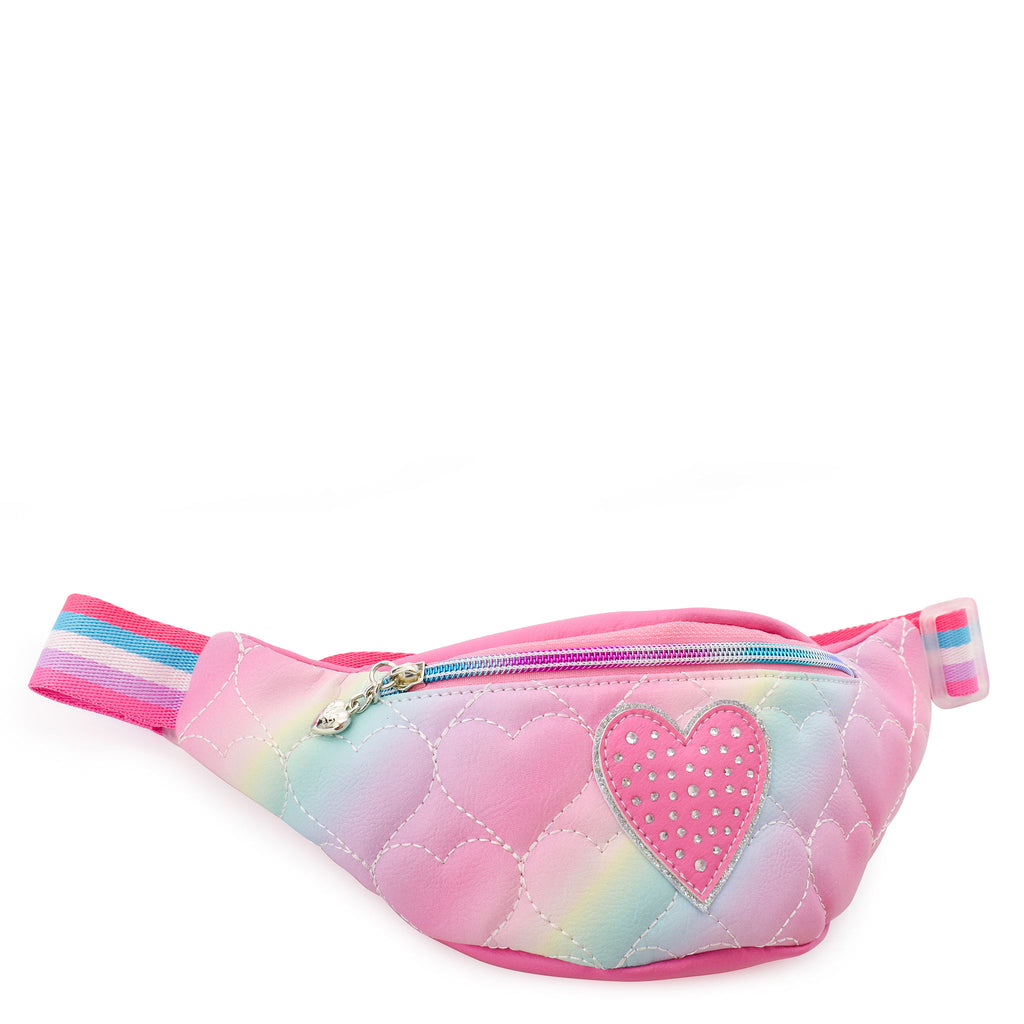 Side view of heart quilted ombre fanny pack with rhinestone heart appliqué