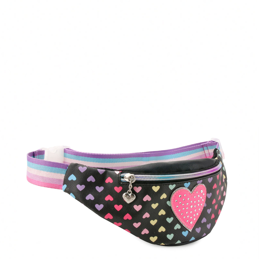 Side view of black multicolor heart-printed fanny pack with rhinestone heart patch