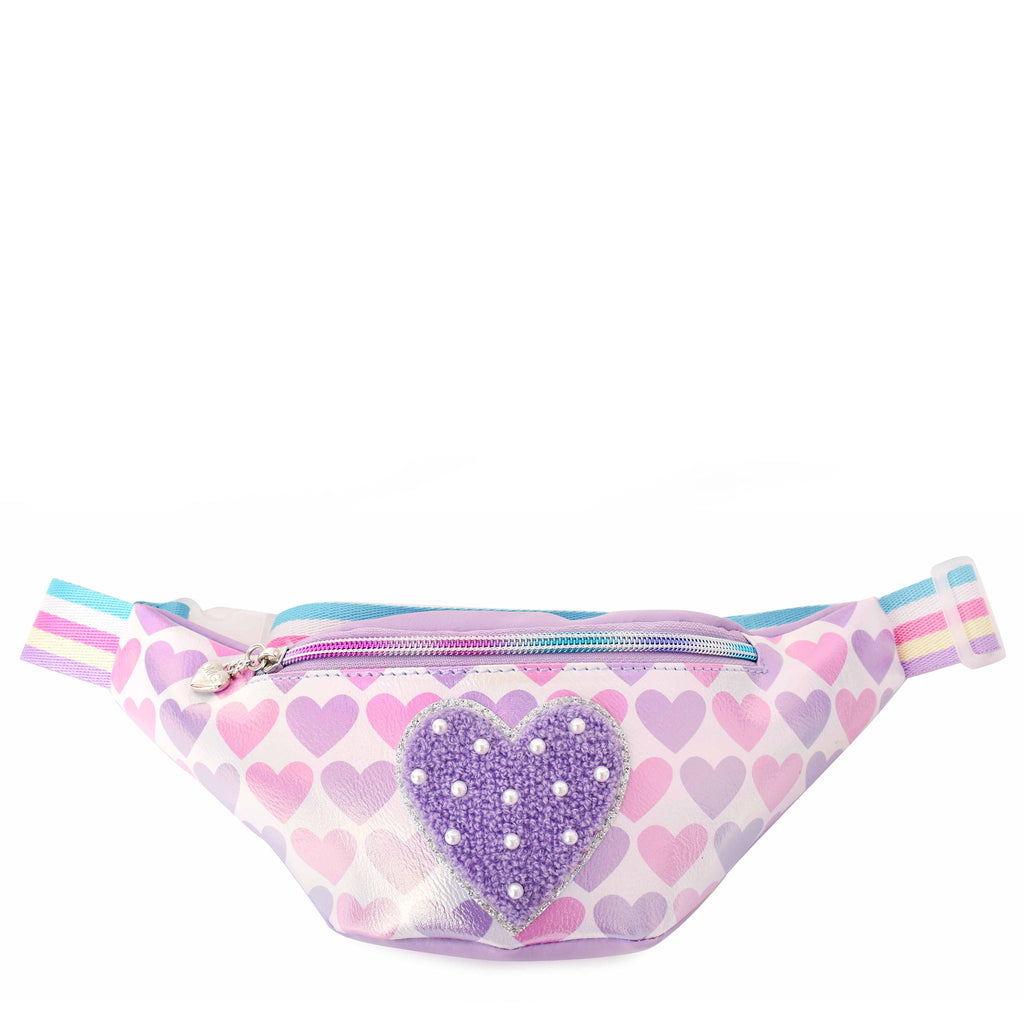 Front view of a metallic pink and purple heart printed fanny pack with a chenille and pearl heart appliqué
