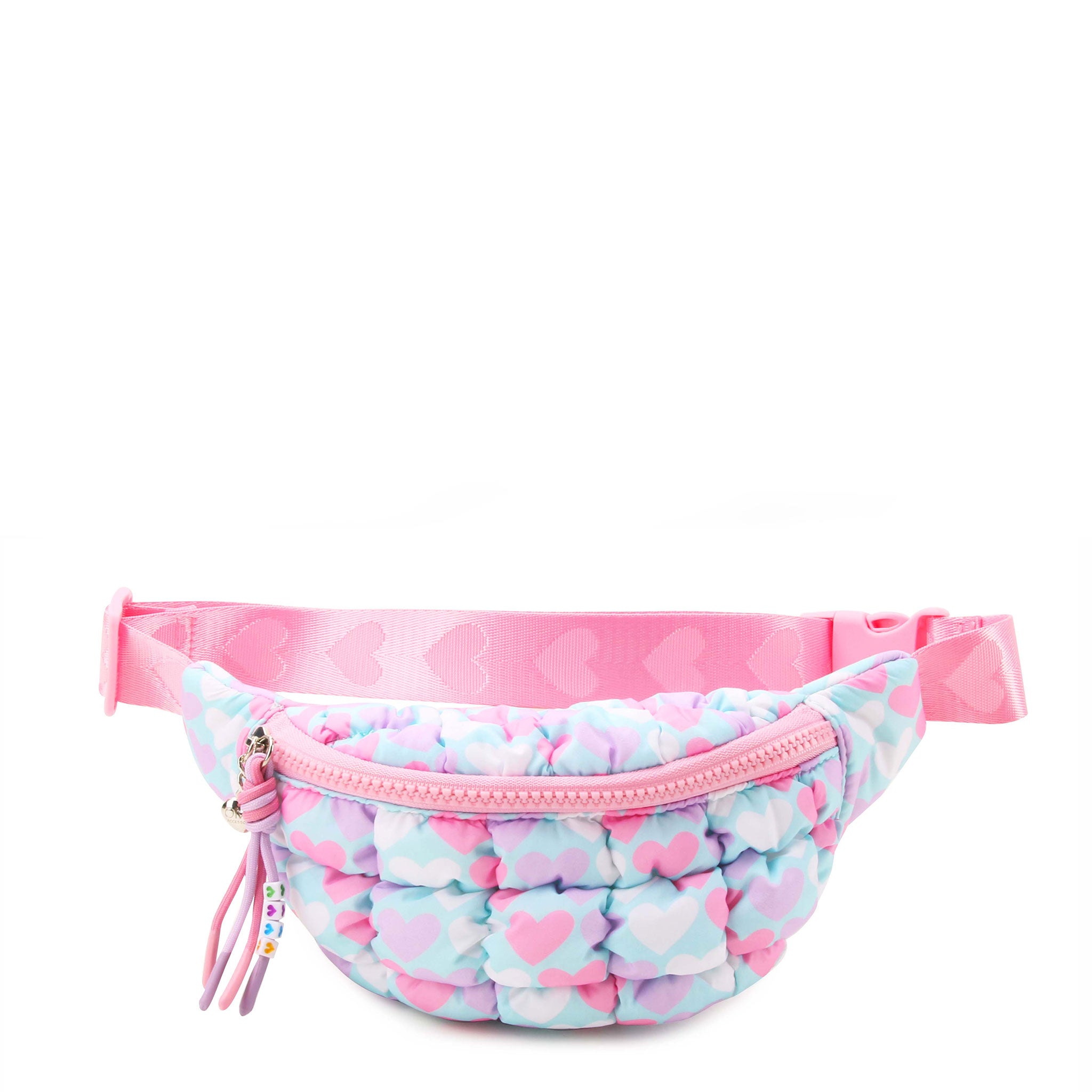 front view of a light blue quilted fanny pack with a pink strap and pink, white, and purple printed hearts