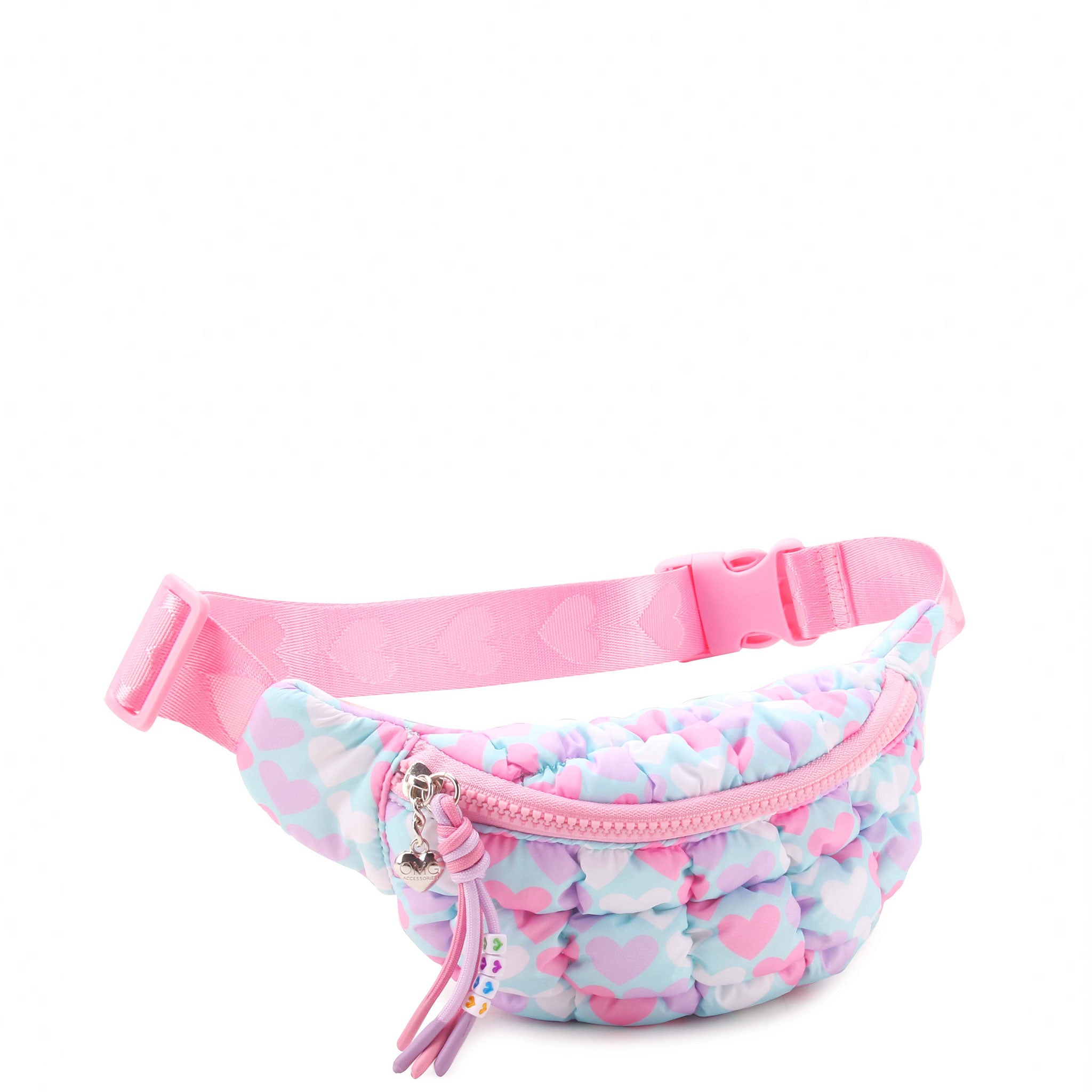 3/4 angle view of a light blue quilted fanny pack with a pink strap and pink, white, and purple printed hearts