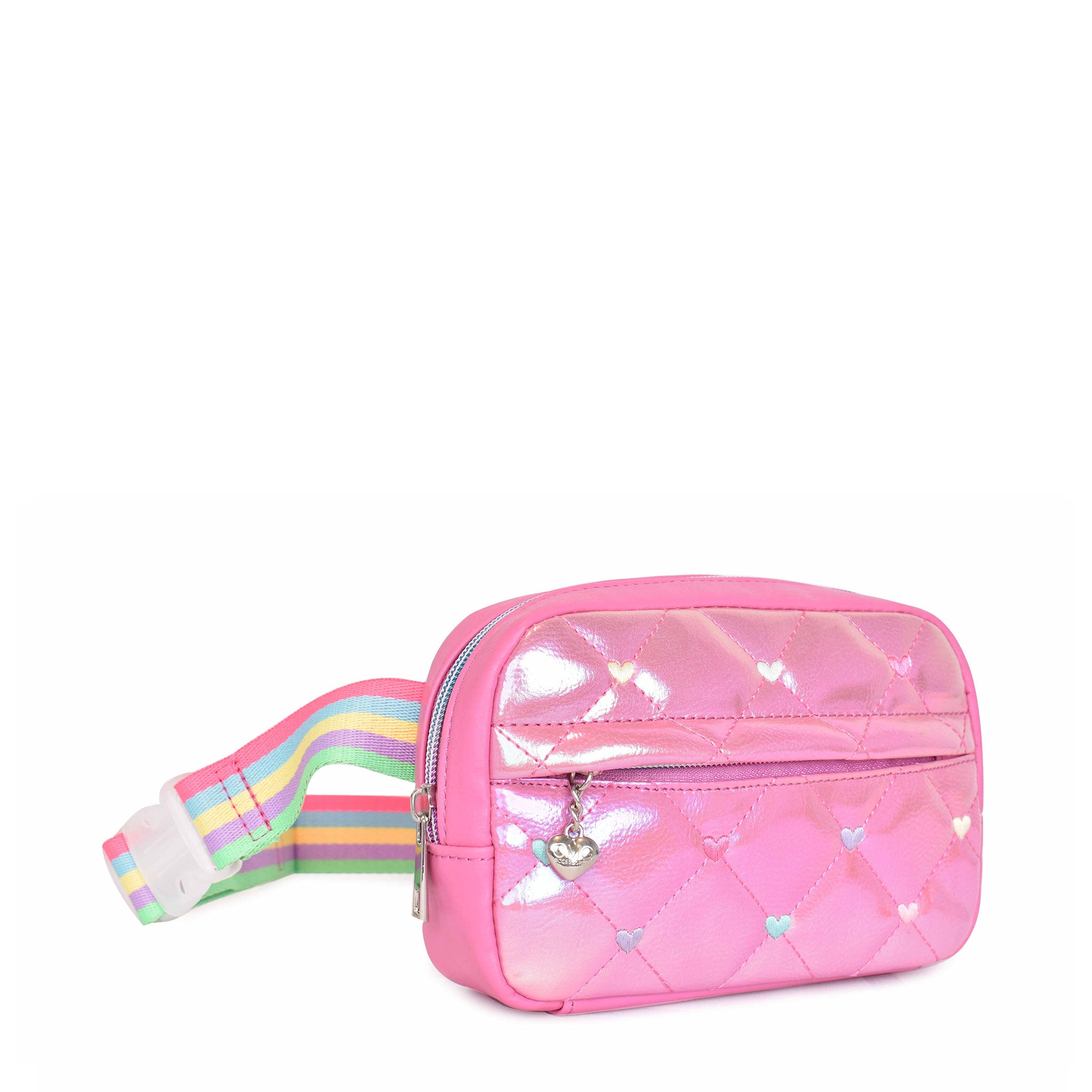 Side view of a metallic quilted hearts fanny pack with front zipper compartment