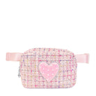 Front view of a pink tweed crossbody with a pink chenille heart applique with pearls