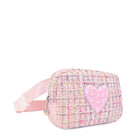 Side view of a pink tweed crossbody with a pink chenille heart applique with pearls