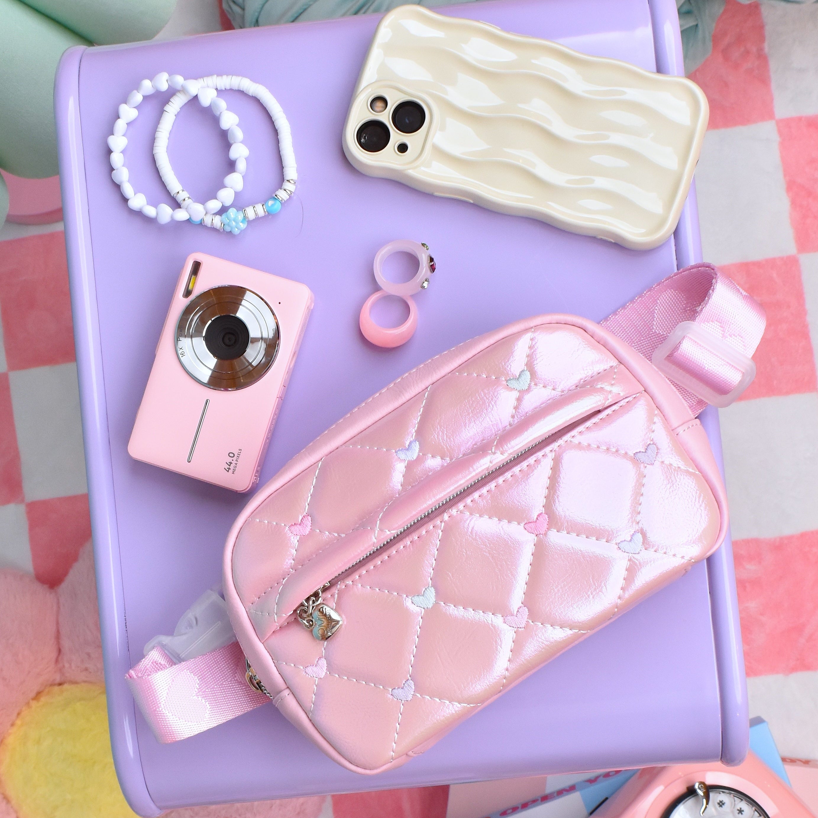★87MM★ Mmlg MMLG HFT INDI PINK Metallic Quilted Heart Stitched Fanny Pack – OMG Accessories