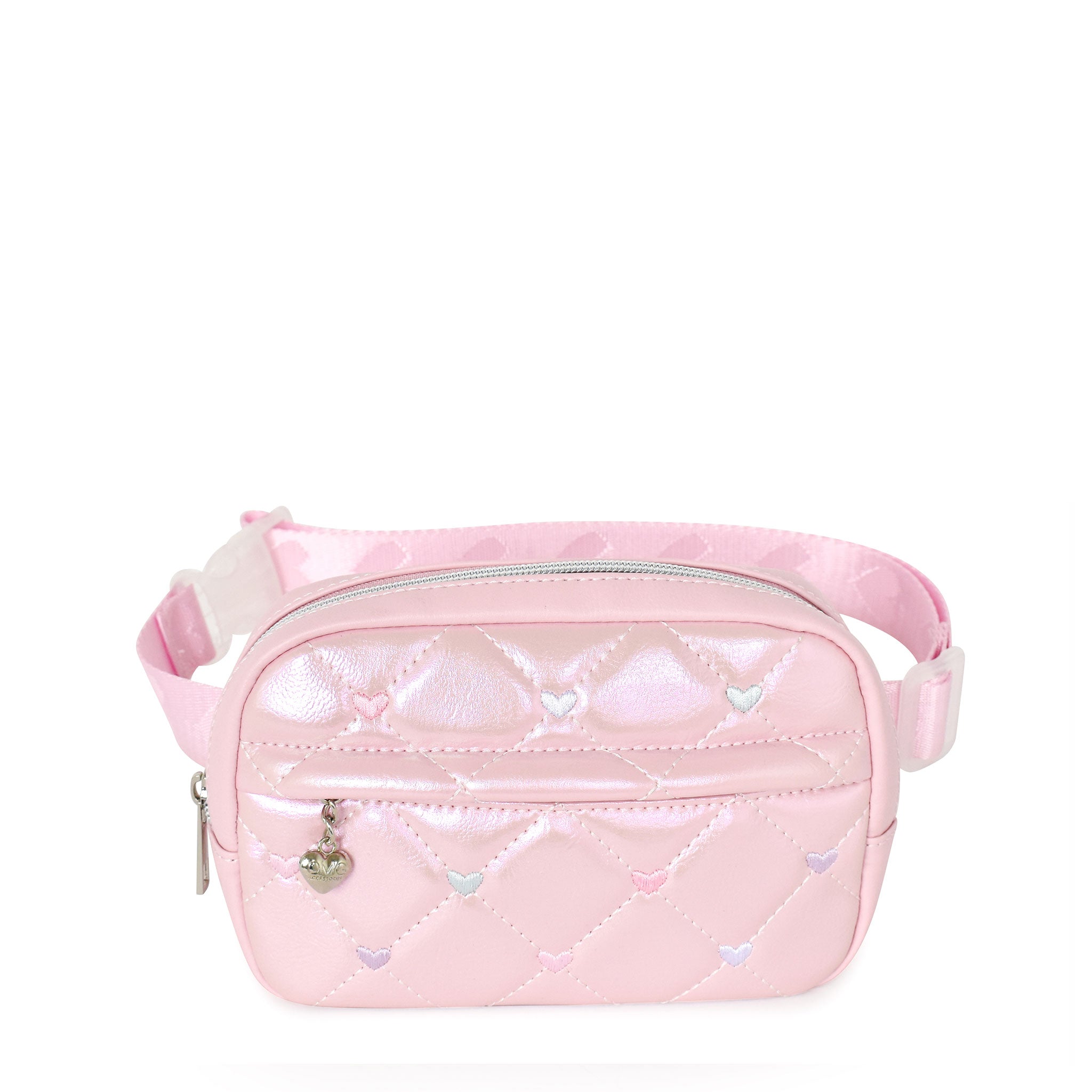 Front View Metallic Quilted Fanny Pack with Stitched Hearts