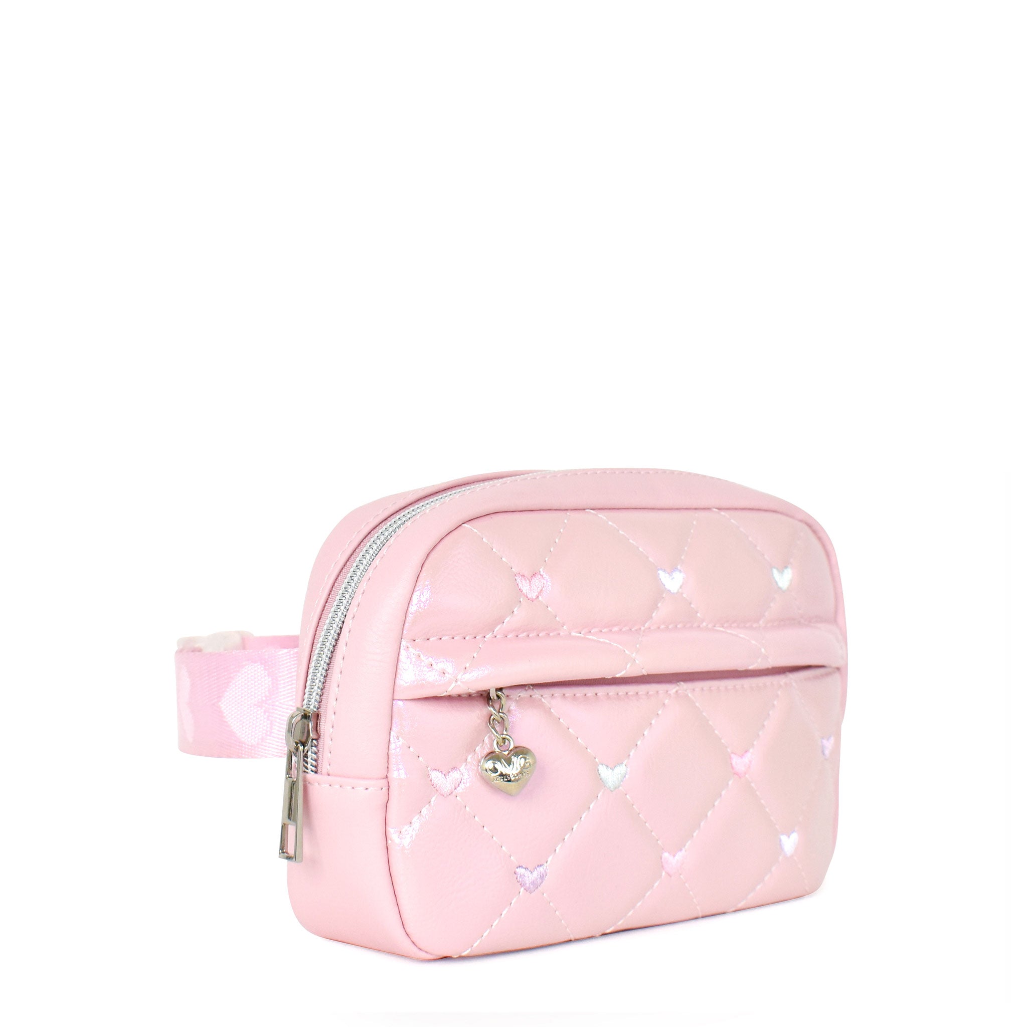 Side View Metallic Quilted Fanny Pack with Stitched Hearts