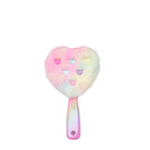 front view of a rainbow plush heart-shaped hairbrush