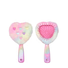 front and back view of a rainbow plush heart-shaped hairbrush