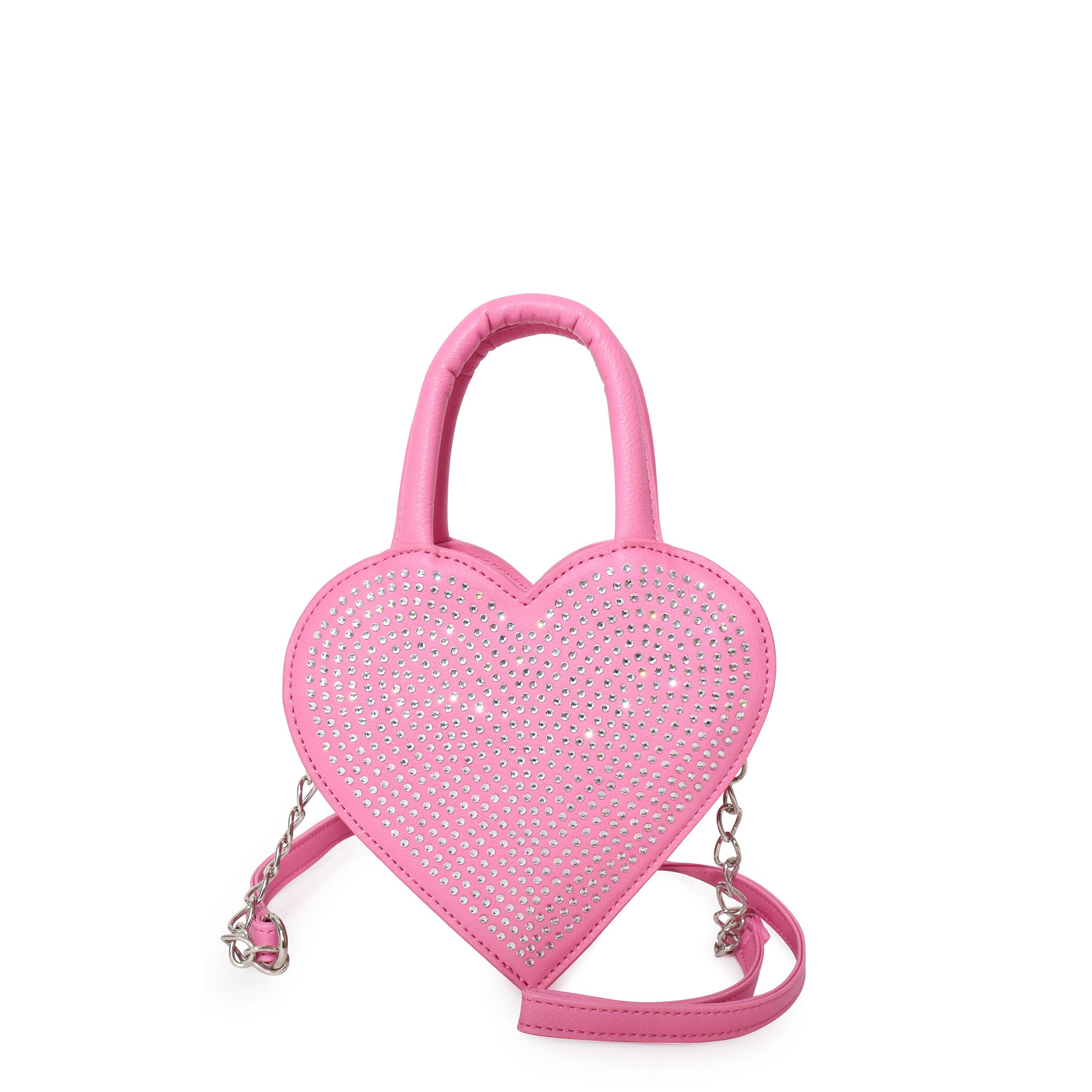 Front view of pink heart-shaped top handle crossbody bag embellished in rhinestones