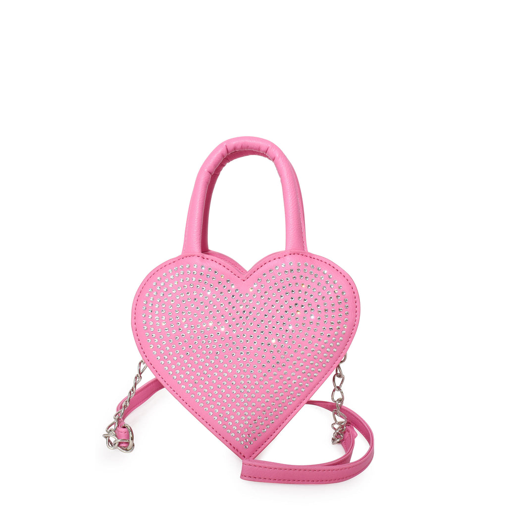 Front view of pink heart-shaped top handle crossbody bag embellished in rhinestones