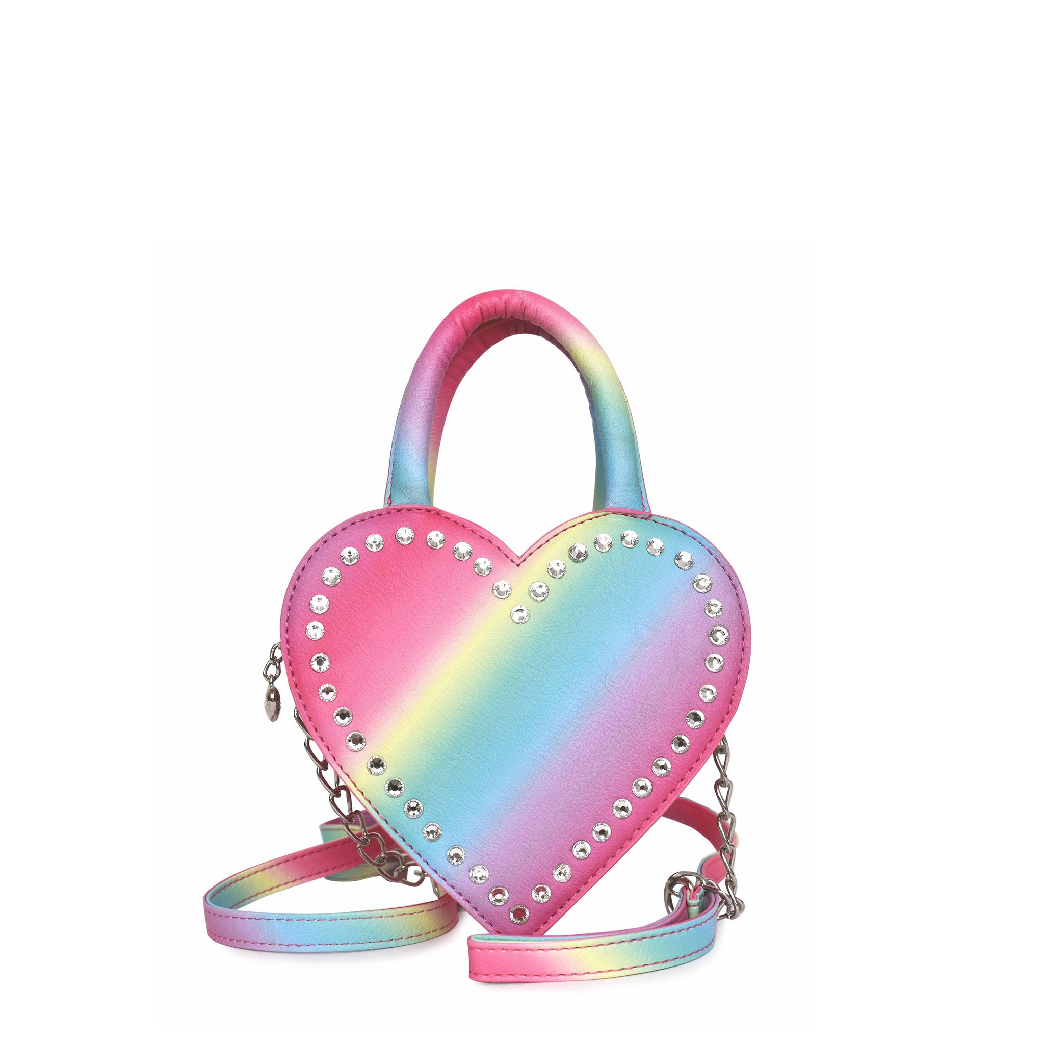 Front view of a rainbow ombre heart shaped top handle crossbody with rhinestones